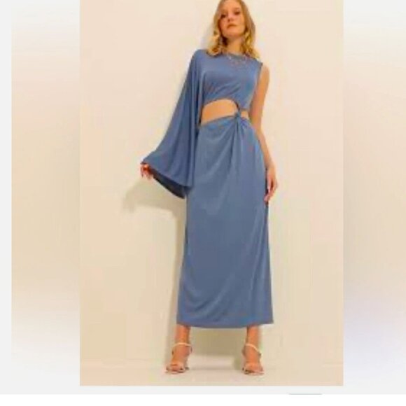 NWT ZARA Bloggers Fav One Long Sleeve Maxi Dress Blue Size Small Cutout Knotted - Picture 2 of 6